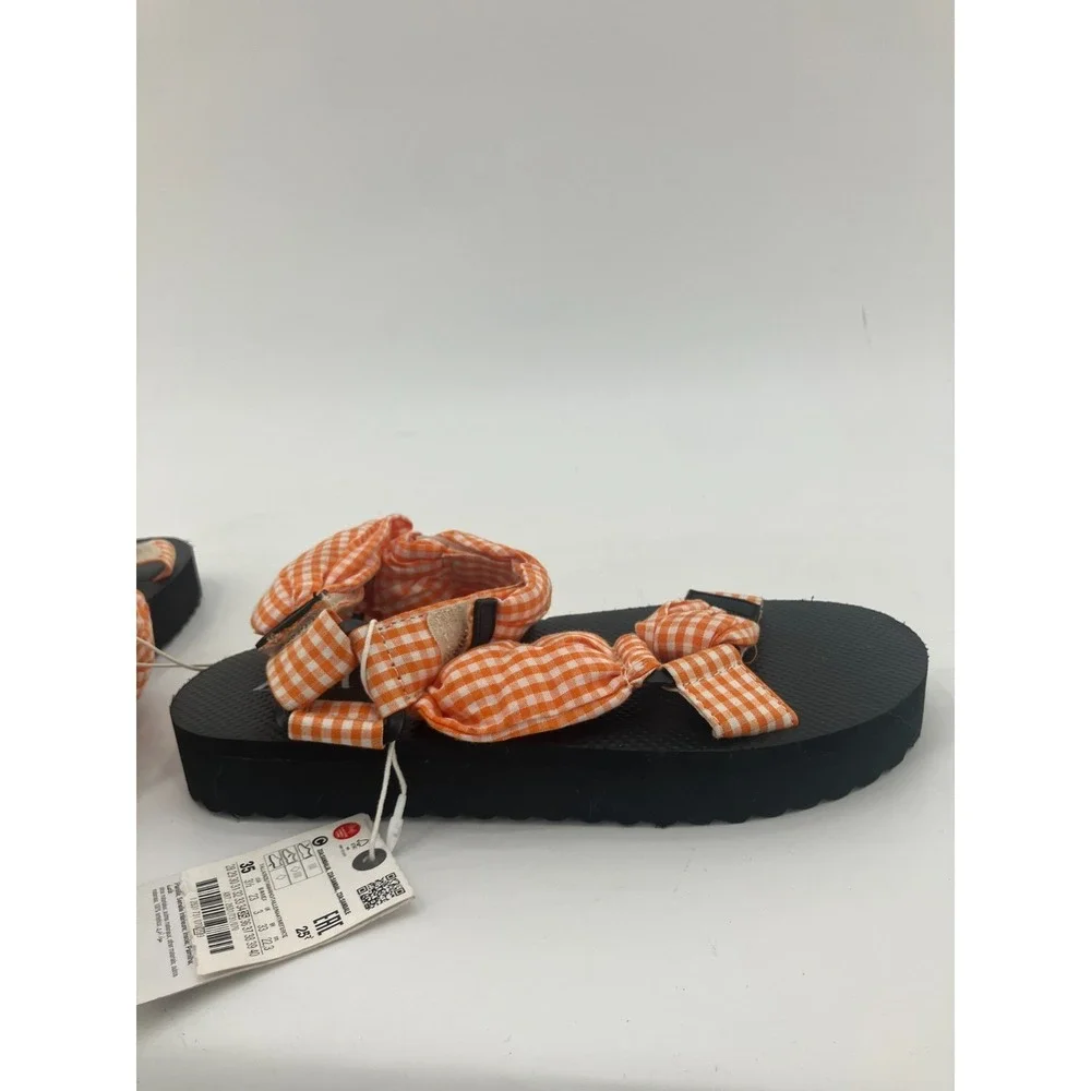 Zara‎ Sandals Girls US 3.5 Orange Checkered Gingham Open Toe Platform Strappy